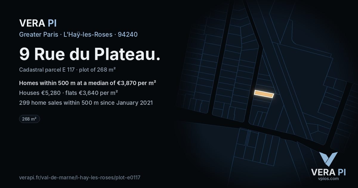 9 Rue du Plateau, L'Haÿ-les-Roses at night – the plot lit, the parcels around coloured by the prices near them