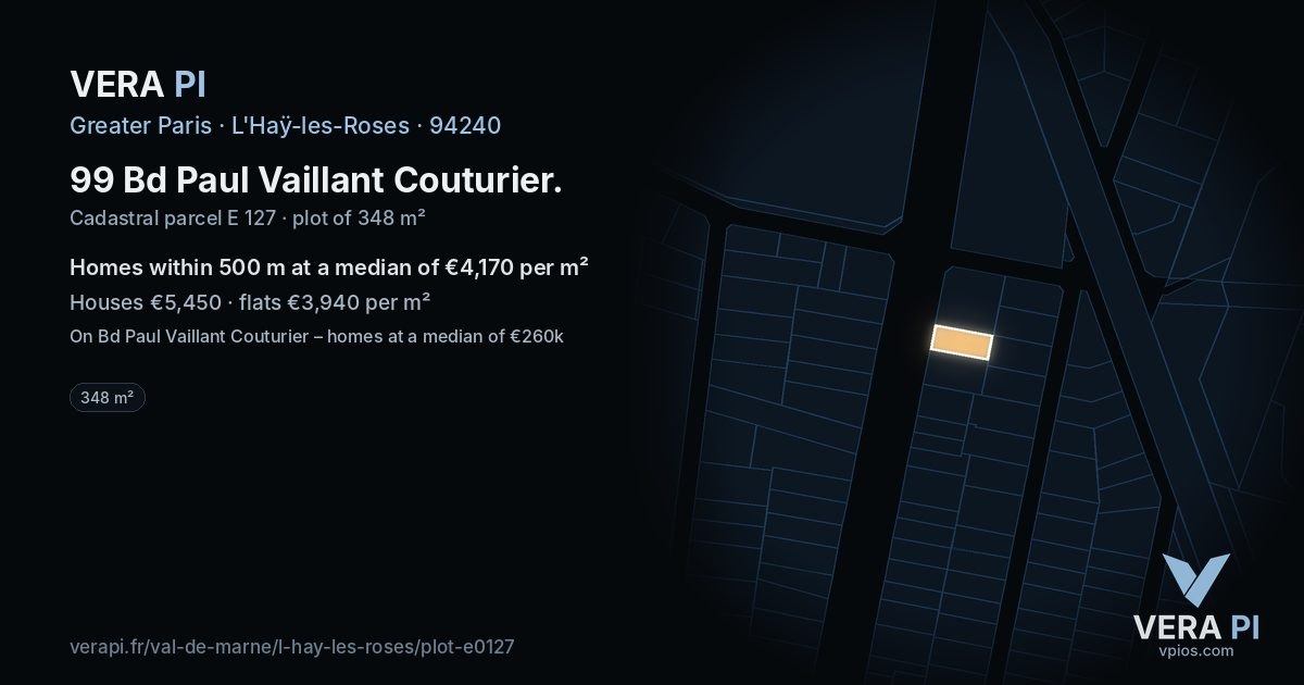 99 Bd Paul Vaillant Couturier, L'Haÿ-les-Roses at night – the plot lit, the parcels around coloured by the prices near them