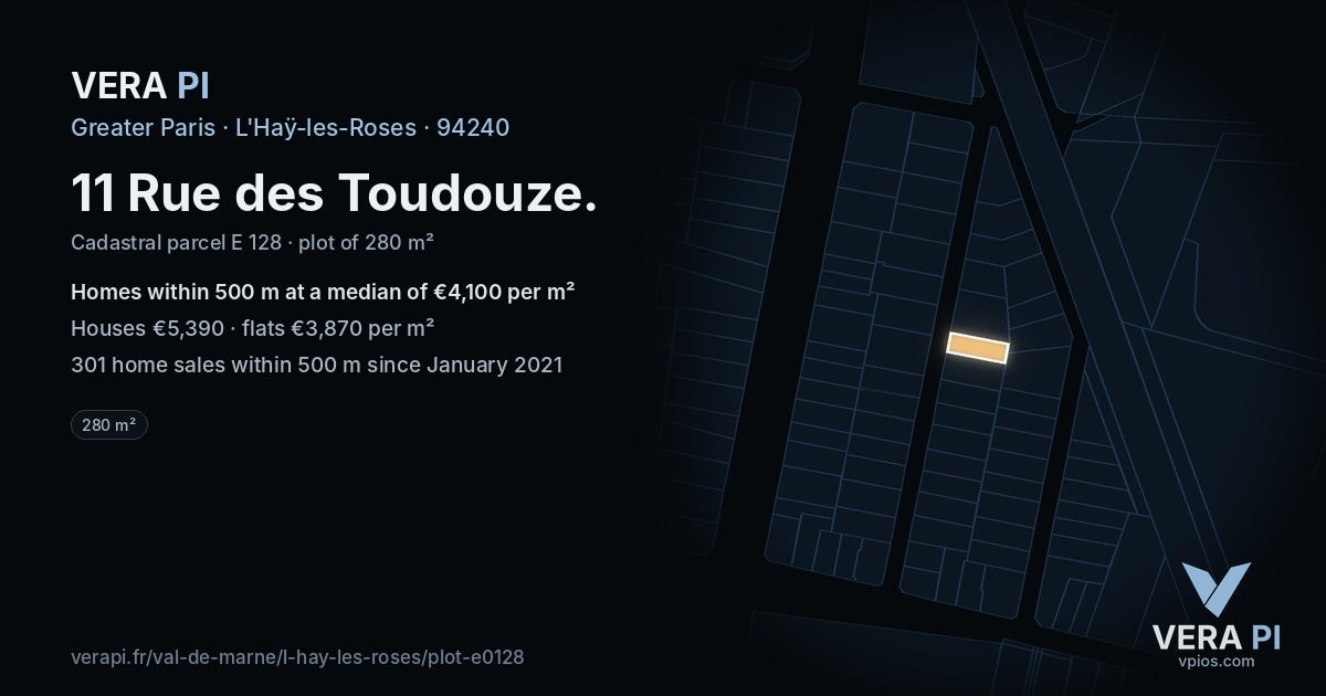 11 Rue des Toudouze, L'Haÿ-les-Roses at night – the plot lit, the parcels around coloured by the prices near them