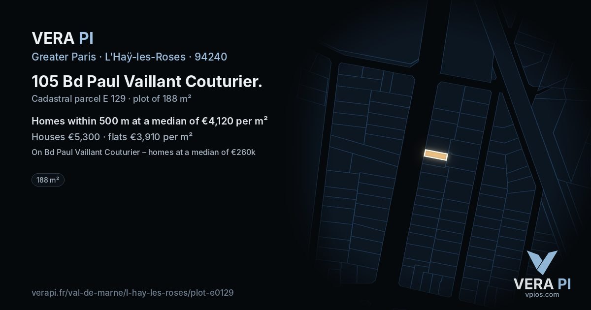 105 Bd Paul Vaillant Couturier, L'Haÿ-les-Roses at night – the plot lit, the parcels around coloured by the prices near them