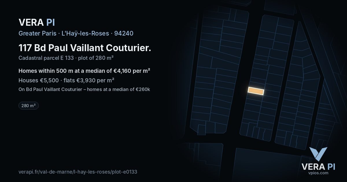 117 Bd Paul Vaillant Couturier, L'Haÿ-les-Roses at night – the plot lit, the parcels around coloured by the prices near them
