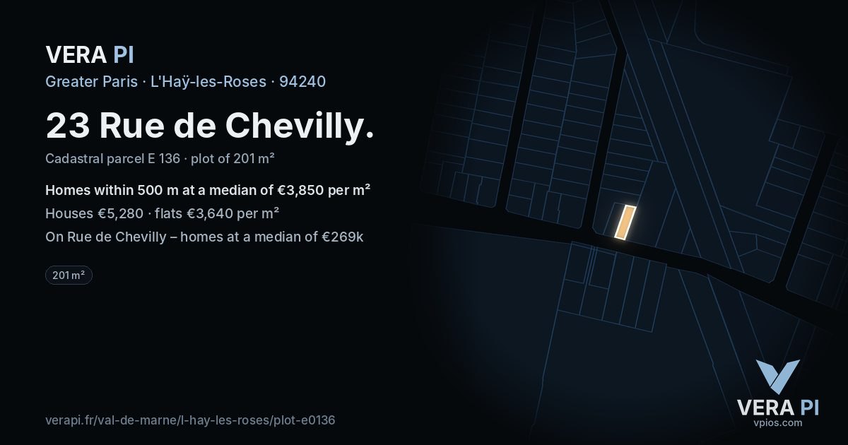 23 Rue de Chevilly, L'Haÿ-les-Roses at night – the plot lit, the parcels around coloured by the prices near them