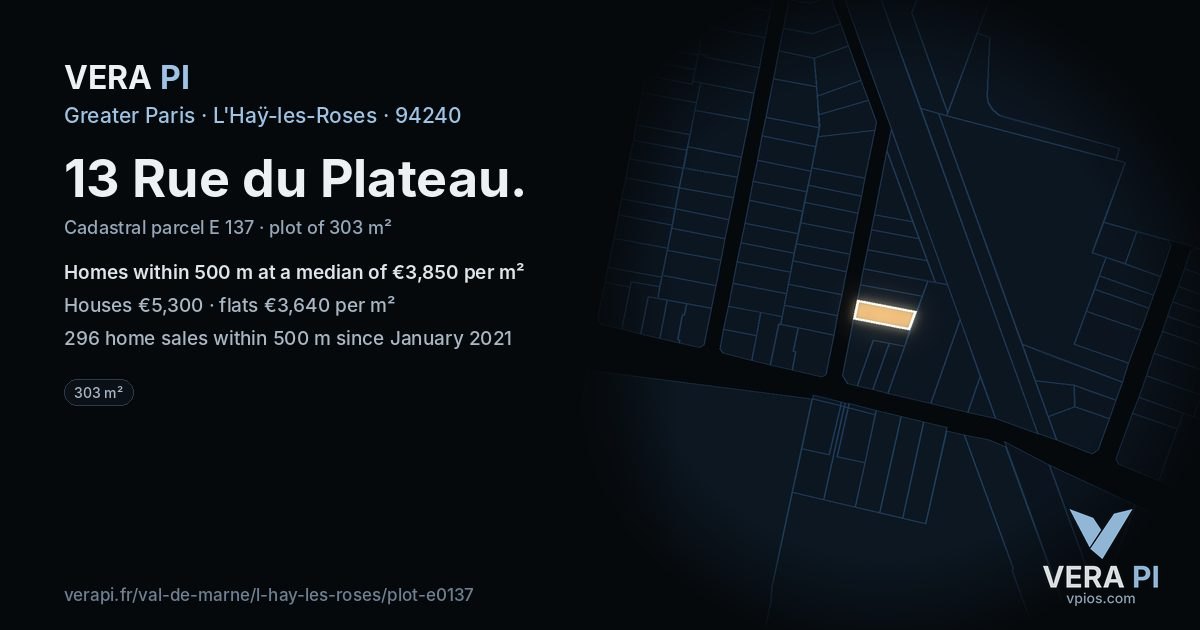 13 Rue du Plateau, L'Haÿ-les-Roses at night – the plot lit, the parcels around coloured by the prices near them