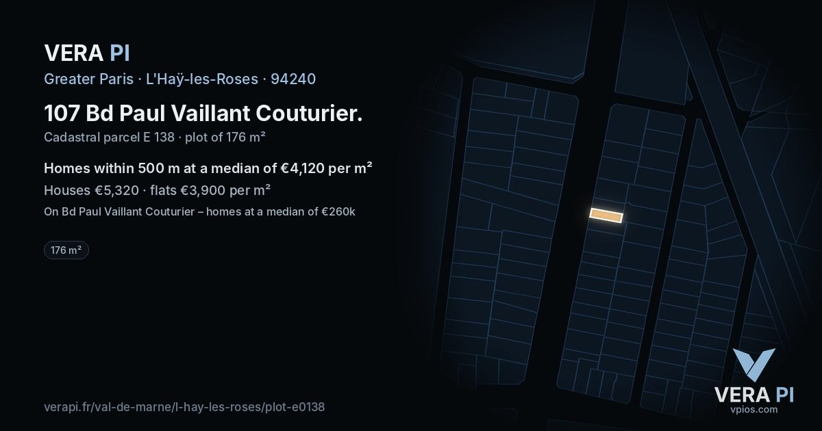 107 Bd Paul Vaillant Couturier, L'Haÿ-les-Roses at night – the plot lit, the parcels around coloured by the prices near them