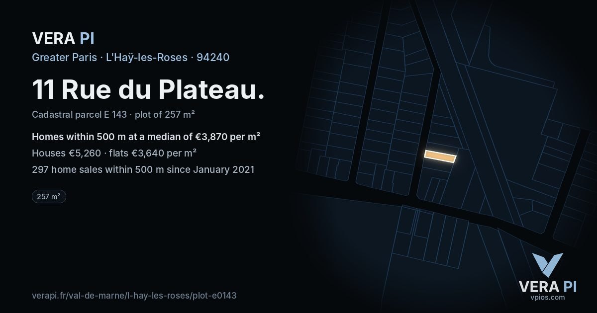 11 Rue du Plateau, L'Haÿ-les-Roses at night – the plot lit, the parcels around coloured by the prices near them