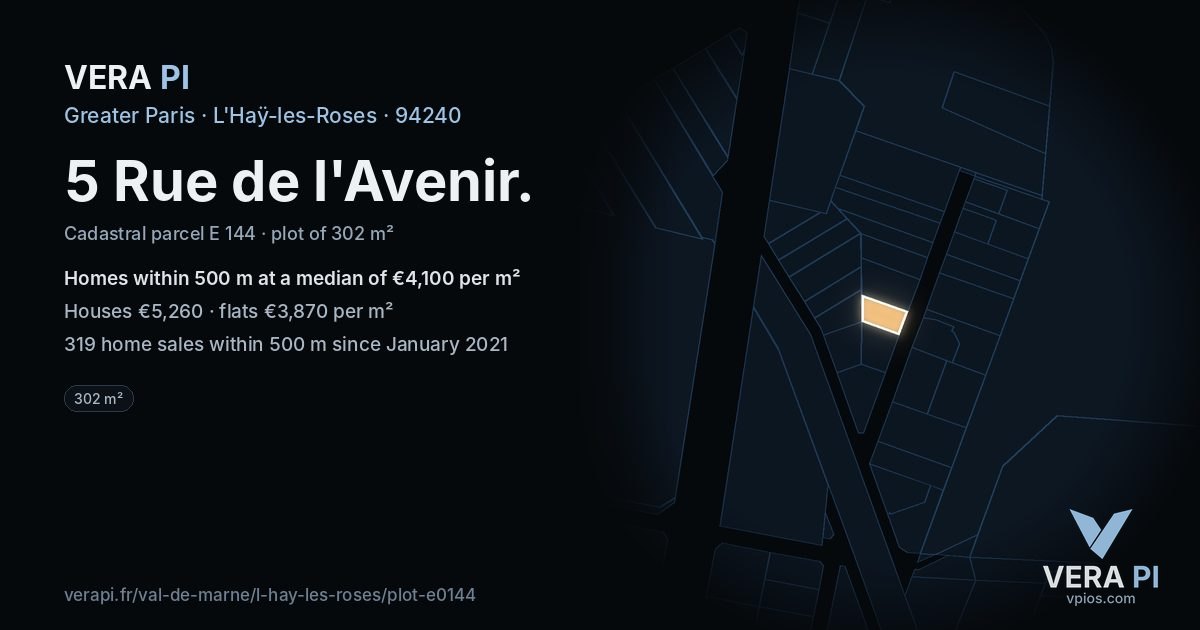 5 Rue de l'Avenir, L'Haÿ-les-Roses at night – the plot lit, the parcels around coloured by the prices near them