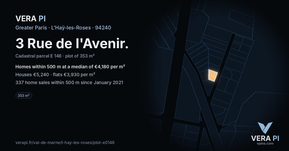 3 Rue de l'Avenir, L'Haÿ-les-Roses at night – the plot lit, the parcels around coloured by the prices near them