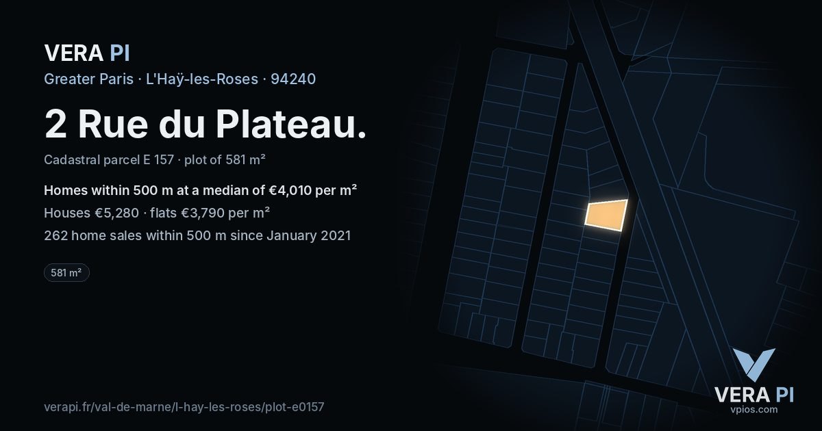 2 Rue du Plateau, L'Haÿ-les-Roses at night – the plot lit, the parcels around coloured by the prices near them