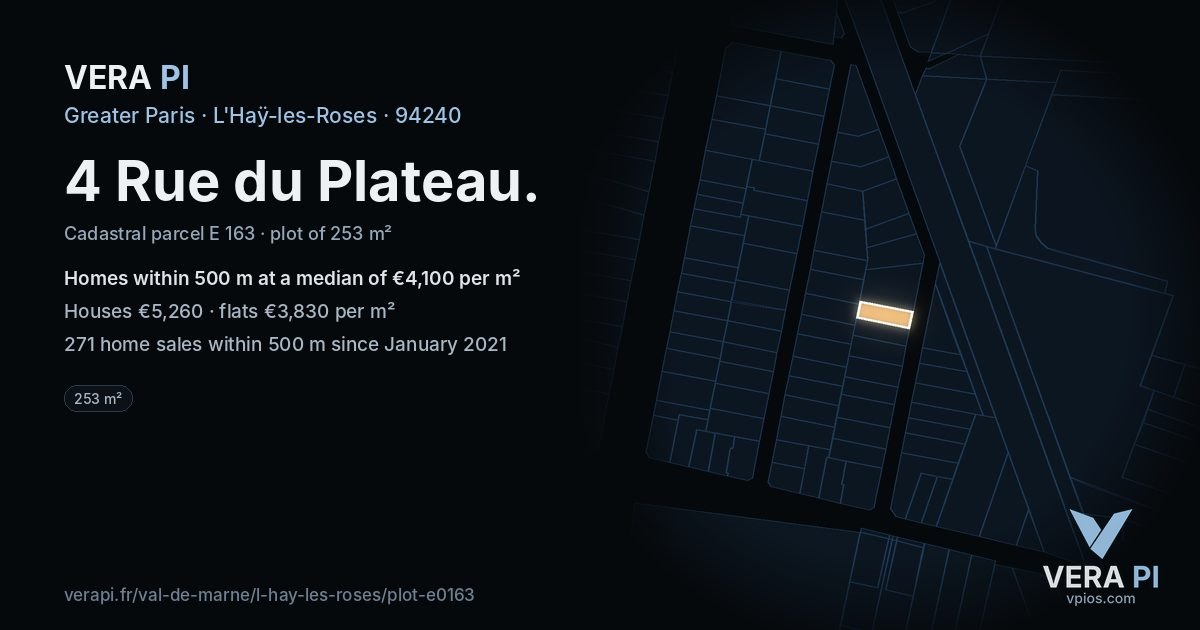 4 Rue du Plateau, L'Haÿ-les-Roses at night – the plot lit, the parcels around coloured by the prices near them