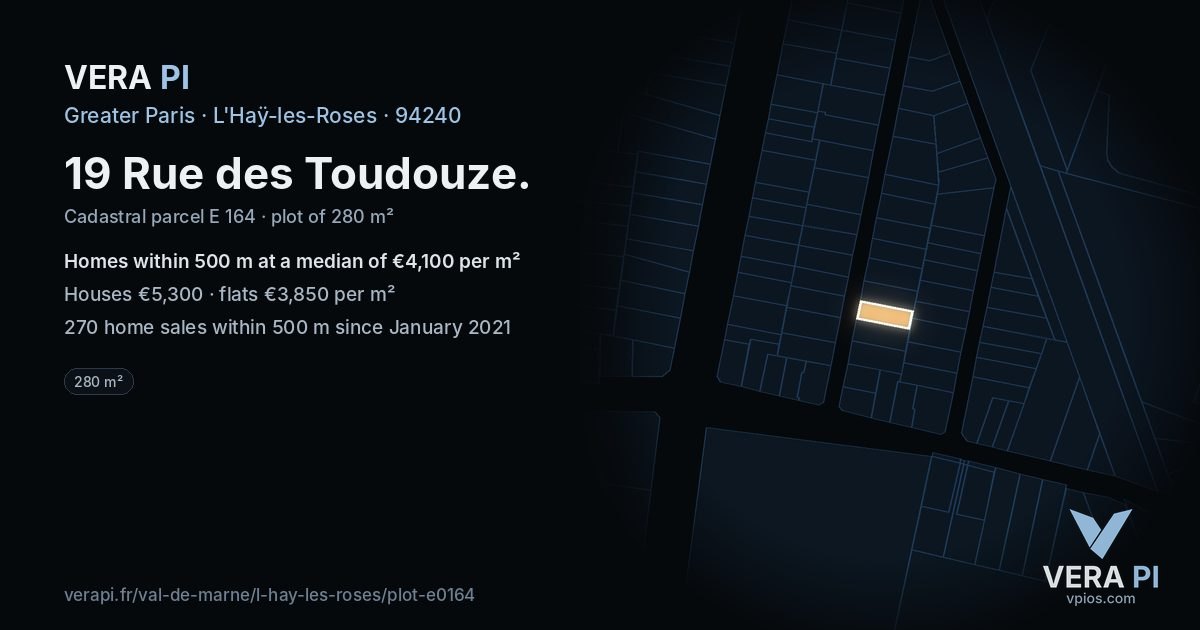 19 Rue des Toudouze, L'Haÿ-les-Roses at night – the plot lit, the parcels around coloured by the prices near them