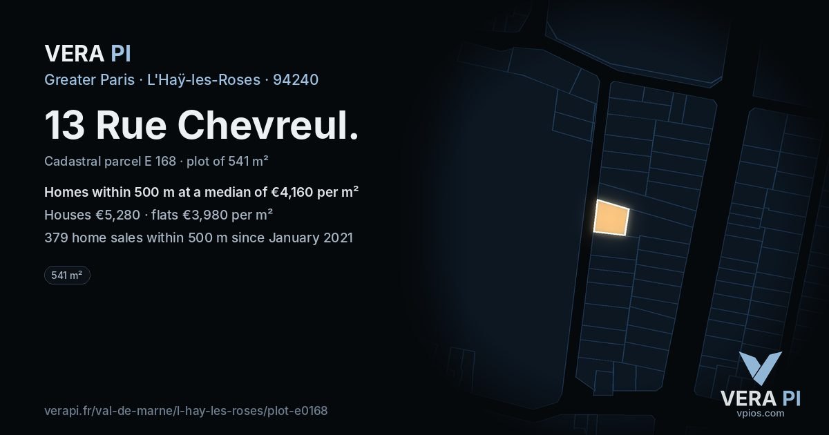13 Rue Chevreul, L'Haÿ-les-Roses at night – the plot lit, the parcels around coloured by the prices near them