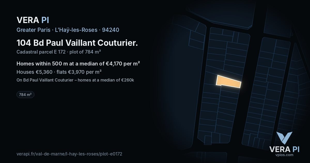 104 Bd Paul Vaillant Couturier, L'Haÿ-les-Roses at night – the plot lit, the parcels around coloured by the prices near them
