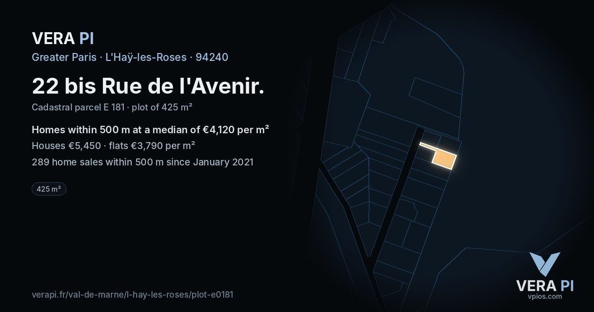 22 bis Rue de l'Avenir, L'Haÿ-les-Roses at night – the plot lit, the parcels around coloured by the prices near them