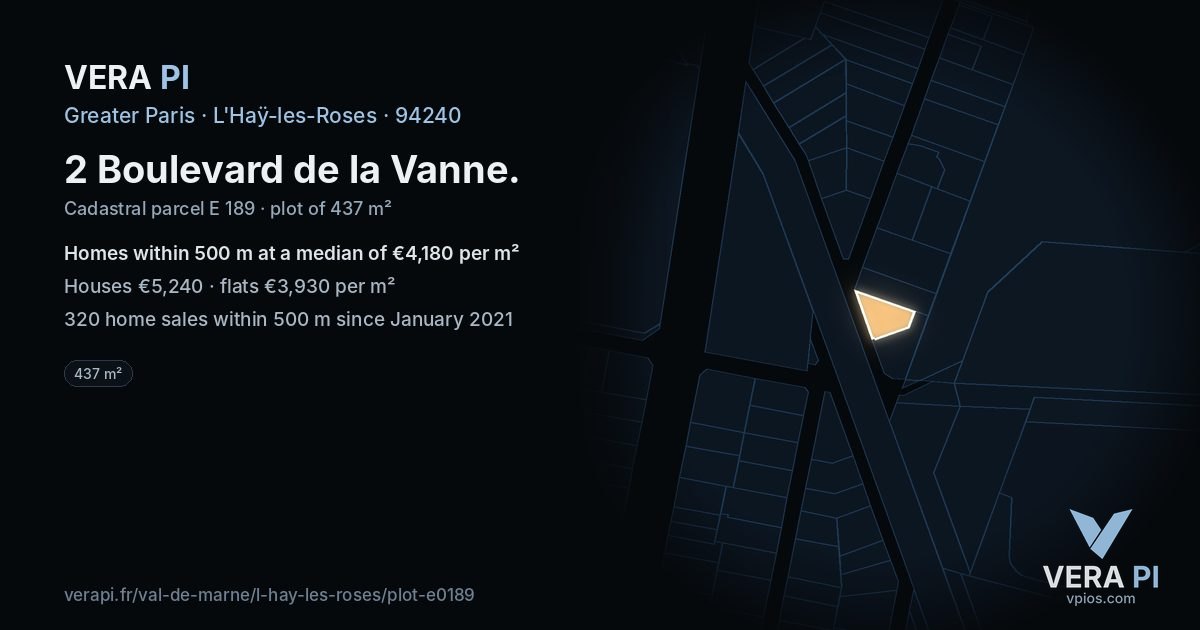2 Boulevard de la Vanne, L'Haÿ-les-Roses at night – the plot lit, the parcels around coloured by the prices near them