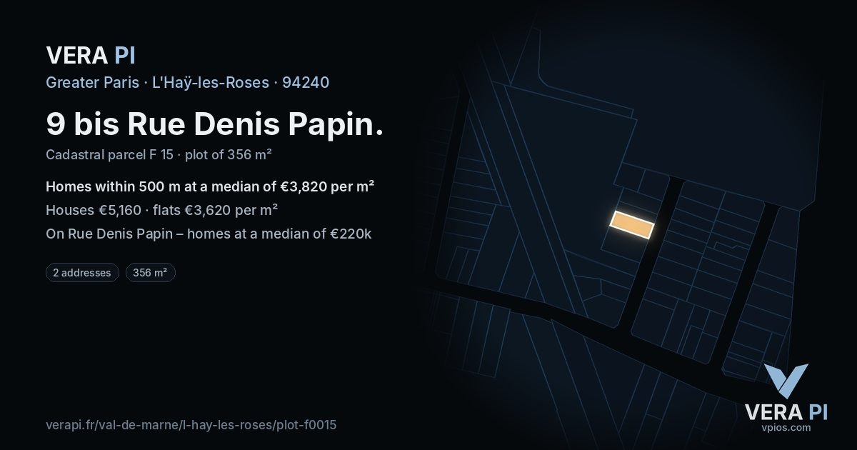 9 bis Rue Denis Papin, L'Haÿ-les-Roses at night – the plot lit, the parcels around coloured by the prices near them