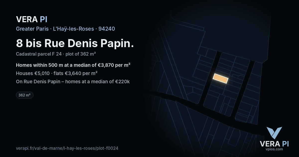 8 bis Rue Denis Papin, L'Haÿ-les-Roses at night – the plot lit, the parcels around coloured by the prices near them