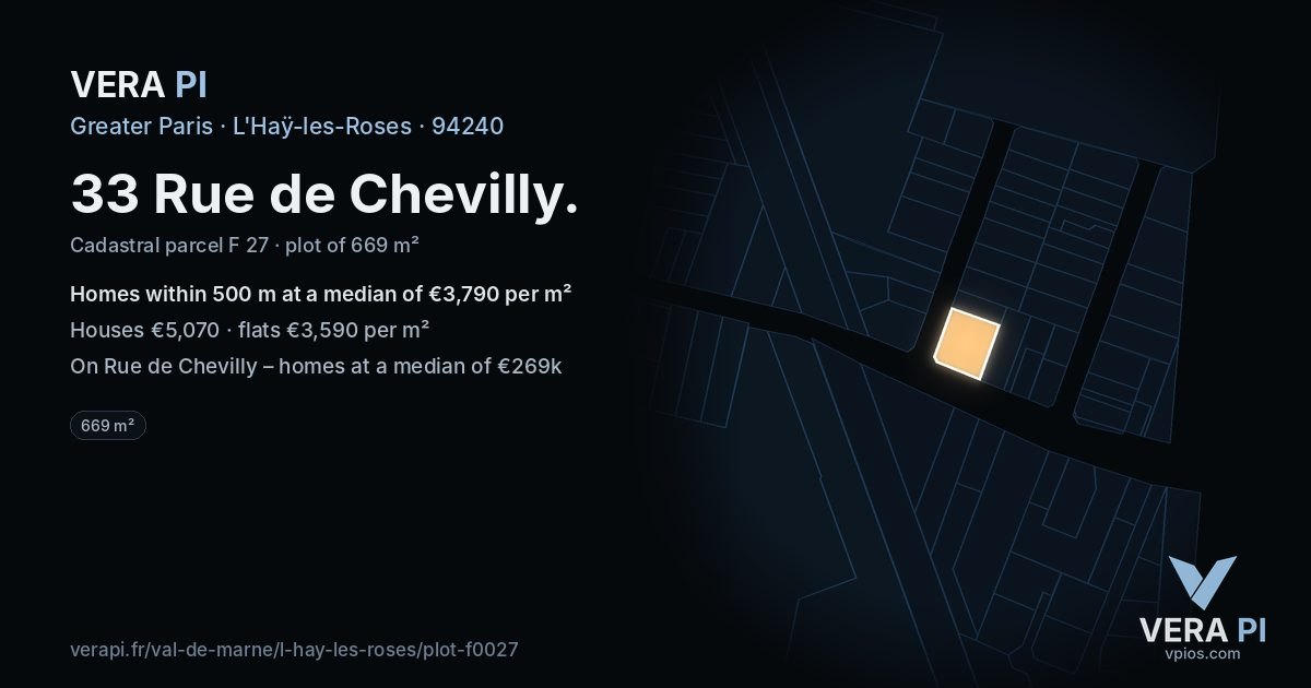 33 Rue de Chevilly, L'Haÿ-les-Roses at night – the plot lit, the parcels around coloured by the prices near them