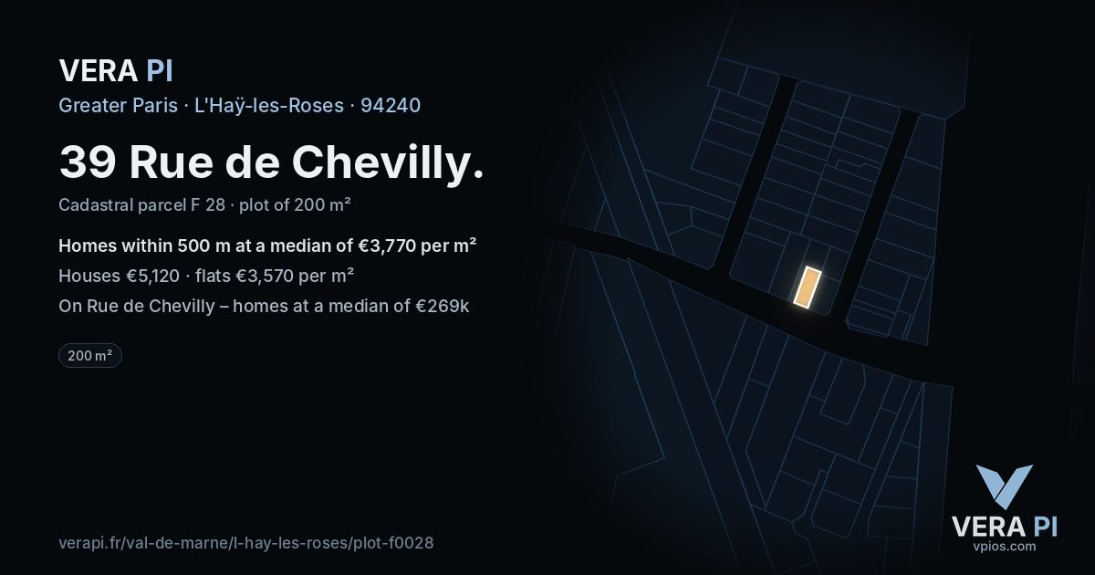 39 Rue de Chevilly, L'Haÿ-les-Roses at night – the plot lit, the parcels around coloured by the prices near them