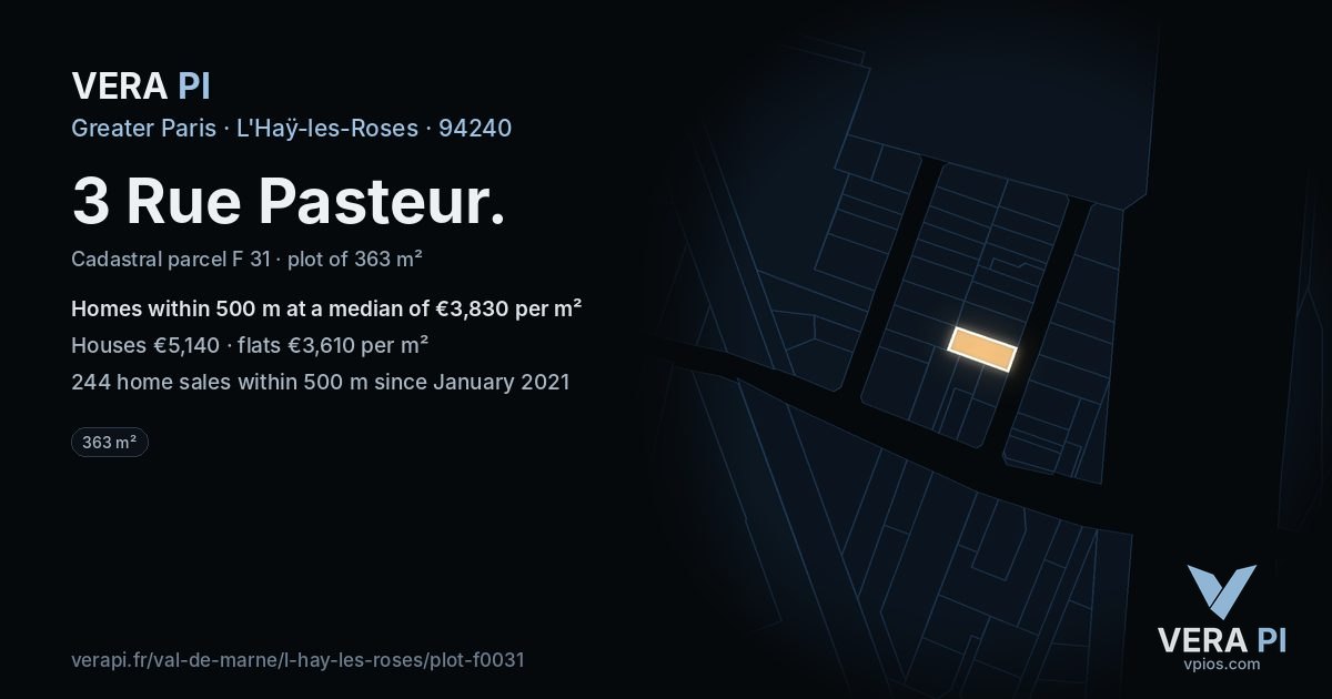 3 Rue Pasteur, L'Haÿ-les-Roses at night – the plot lit, the parcels around coloured by the prices near them