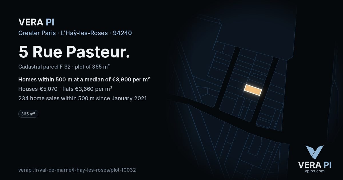 5 Rue Pasteur, L'Haÿ-les-Roses at night – the plot lit, the parcels around coloured by the prices near them