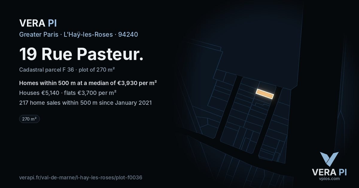 19 Rue Pasteur, L'Haÿ-les-Roses at night – the plot lit, the parcels around coloured by the prices near them