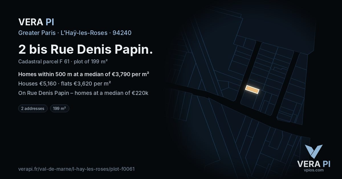 2 bis Rue Denis Papin, L'Haÿ-les-Roses at night – the plot lit, the parcels around coloured by the prices near them