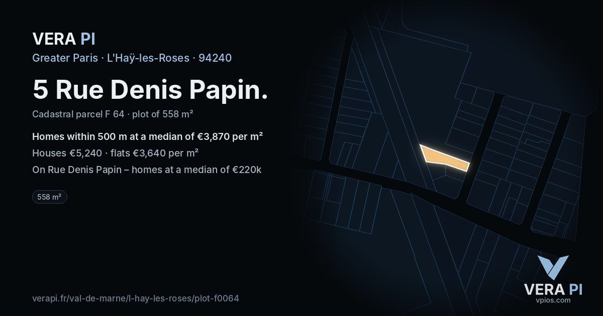 5 Rue Denis Papin, L'Haÿ-les-Roses at night – the plot lit, the parcels around coloured by the prices near them