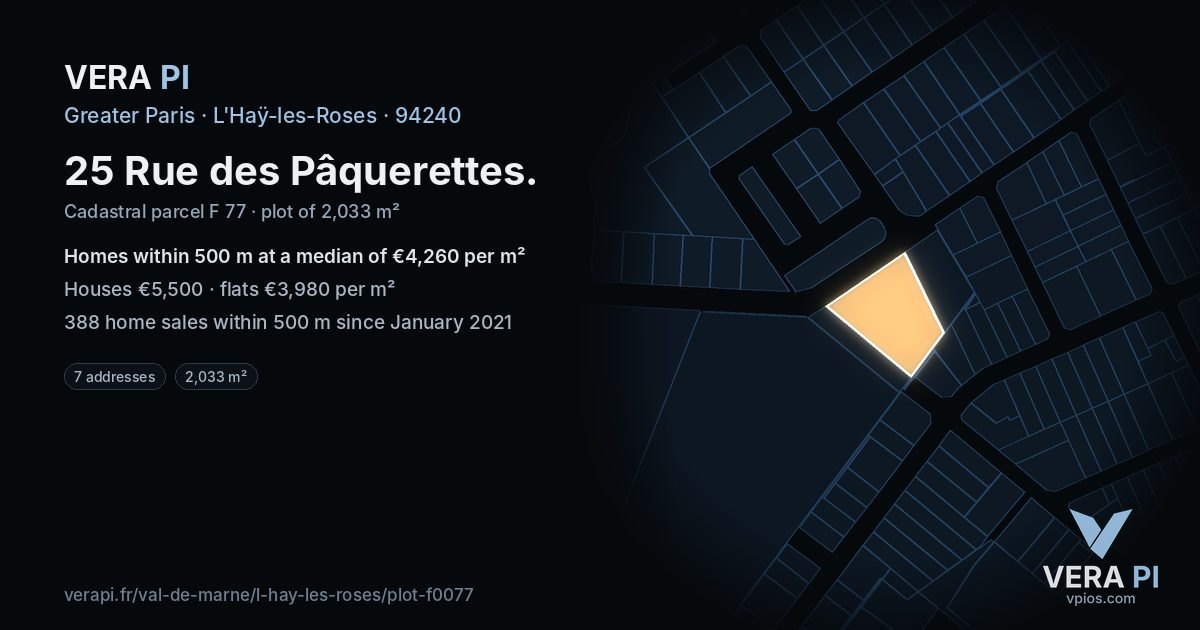 25 Rue des Pâquerettes, L'Haÿ-les-Roses at night – the plot lit, the parcels around coloured by the prices near them