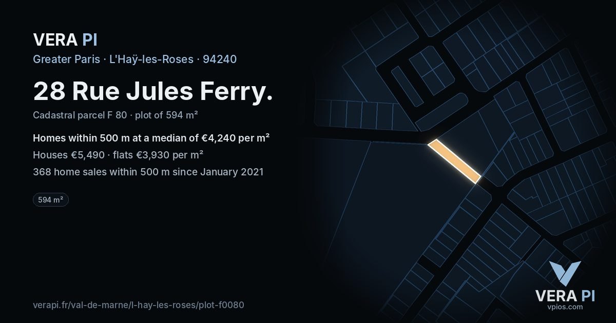 28 Rue Jules Ferry, L'Haÿ-les-Roses at night – the plot lit, the parcels around coloured by the prices near them