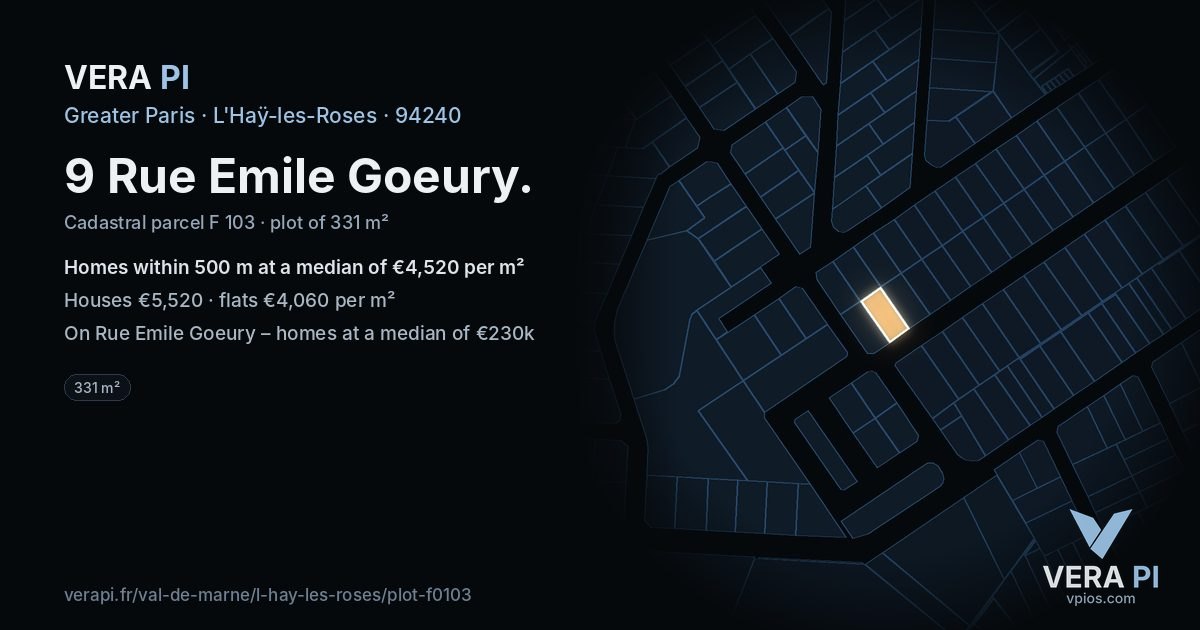 9 Rue Emile Goeury, L'Haÿ-les-Roses at night – the plot lit, the parcels around coloured by the prices near them