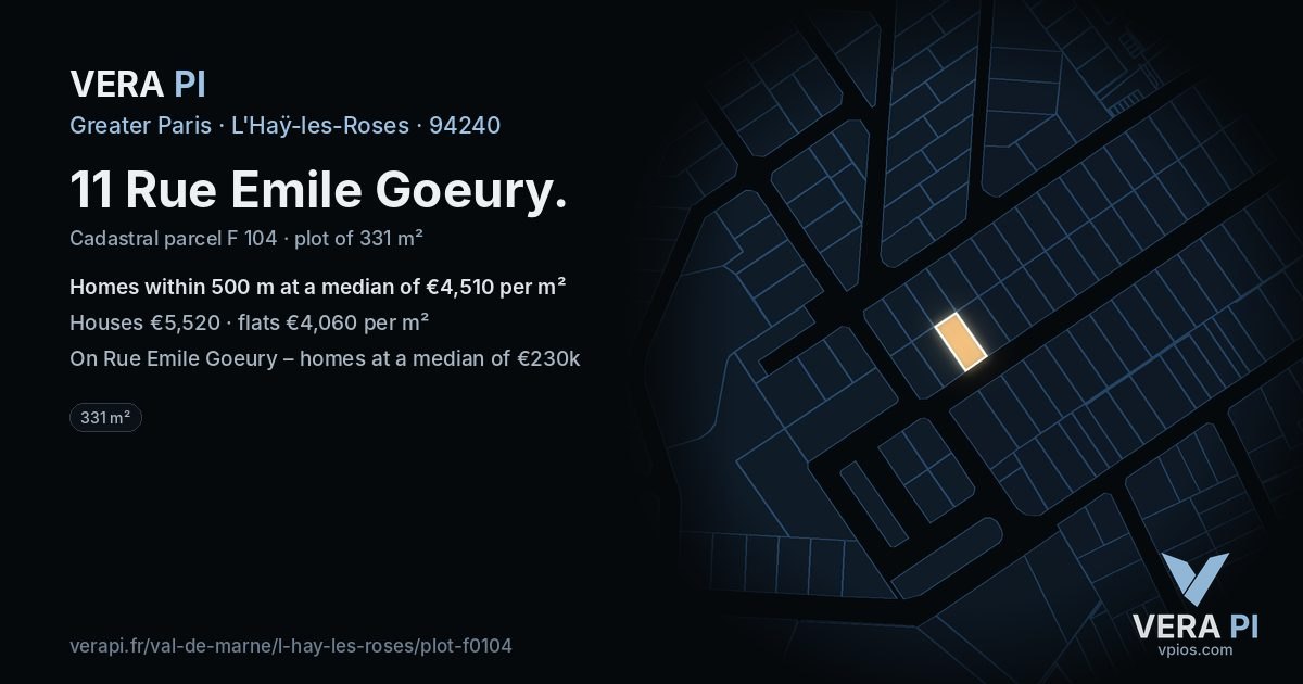 11 Rue Emile Goeury, L'Haÿ-les-Roses at night – the plot lit, the parcels around coloured by the prices near them