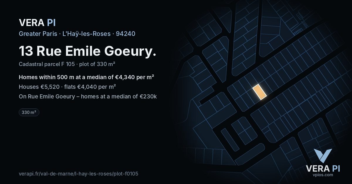 13 Rue Emile Goeury, L'Haÿ-les-Roses at night – the plot lit, the parcels around coloured by the prices near them