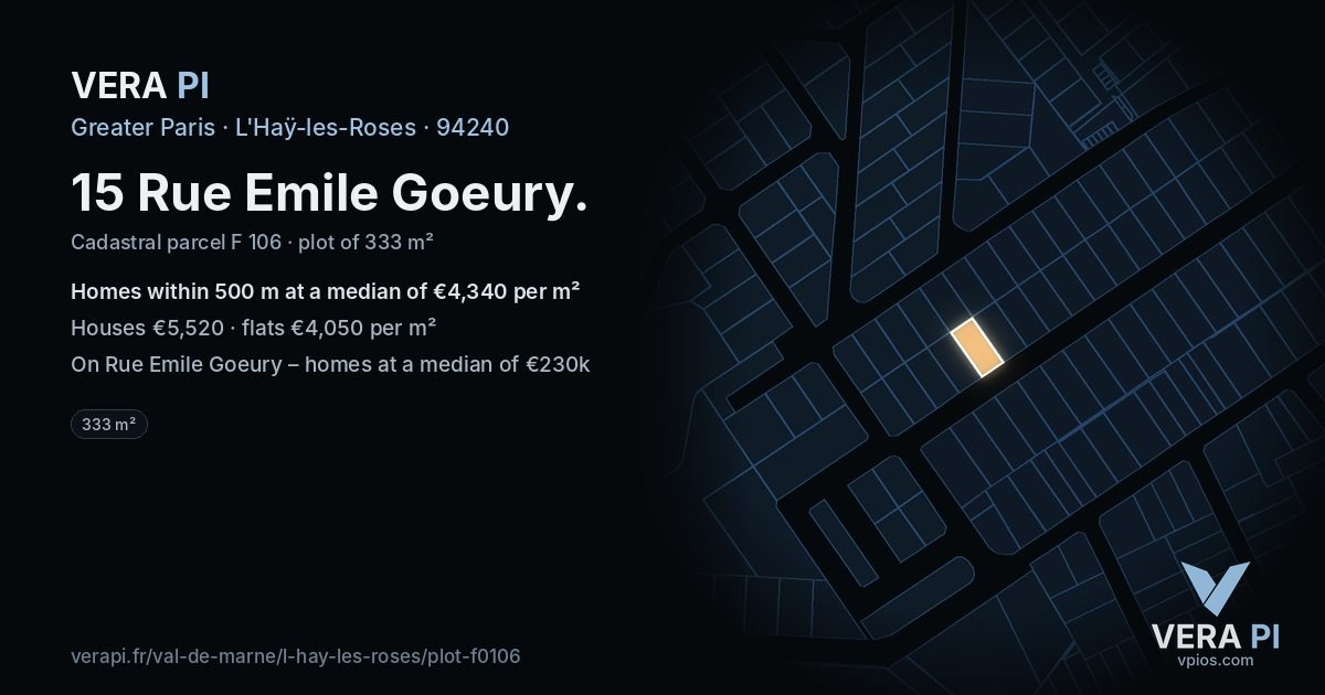 15 Rue Emile Goeury, L'Haÿ-les-Roses at night – the plot lit, the parcels around coloured by the prices near them