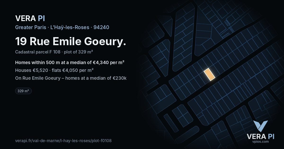 19 Rue Emile Goeury, L'Haÿ-les-Roses at night – the plot lit, the parcels around coloured by the prices near them