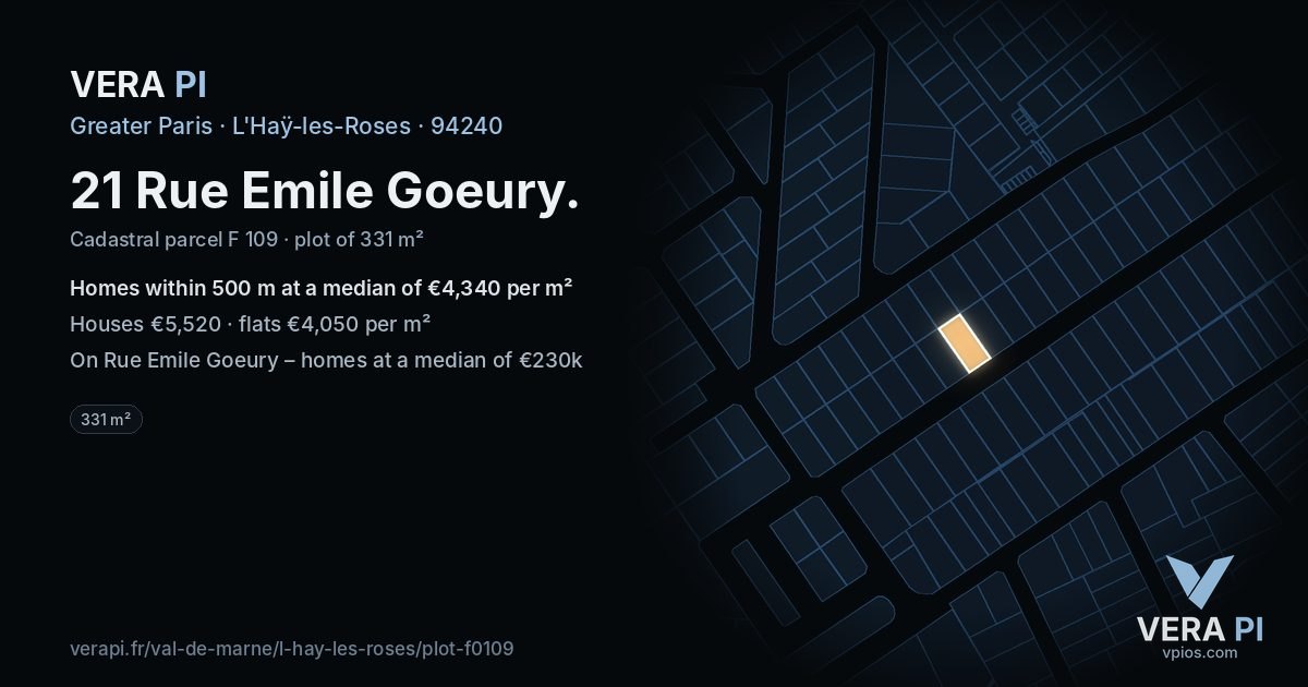 21 Rue Emile Goeury, L'Haÿ-les-Roses at night – the plot lit, the parcels around coloured by the prices near them
