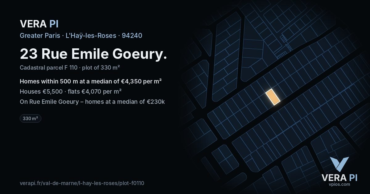 23 Rue Emile Goeury, L'Haÿ-les-Roses at night – the plot lit, the parcels around coloured by the prices near them