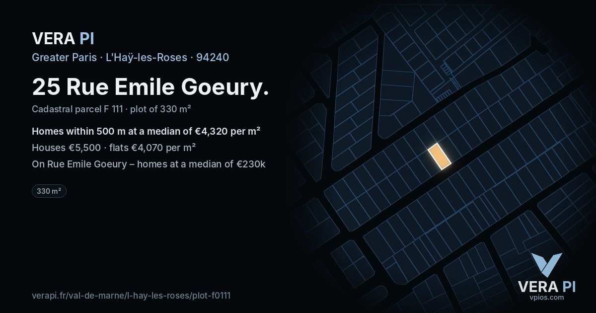 25 Rue Emile Goeury, L'Haÿ-les-Roses at night – the plot lit, the parcels around coloured by the prices near them