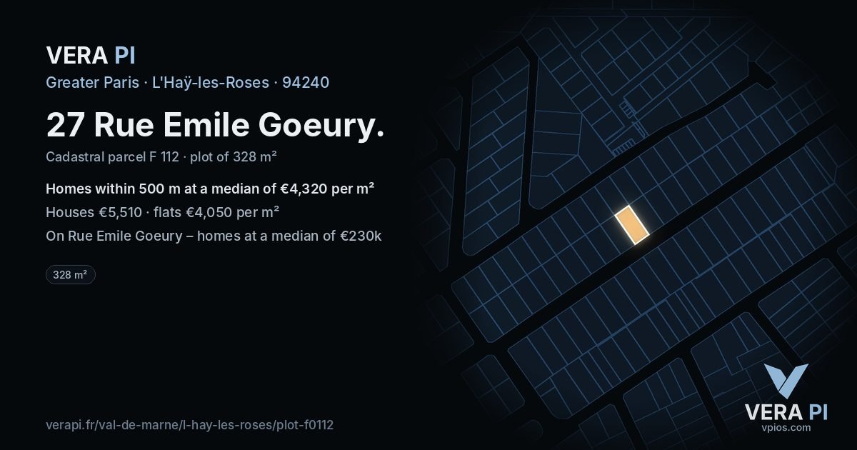 27 Rue Emile Goeury, L'Haÿ-les-Roses at night – the plot lit, the parcels around coloured by the prices near them