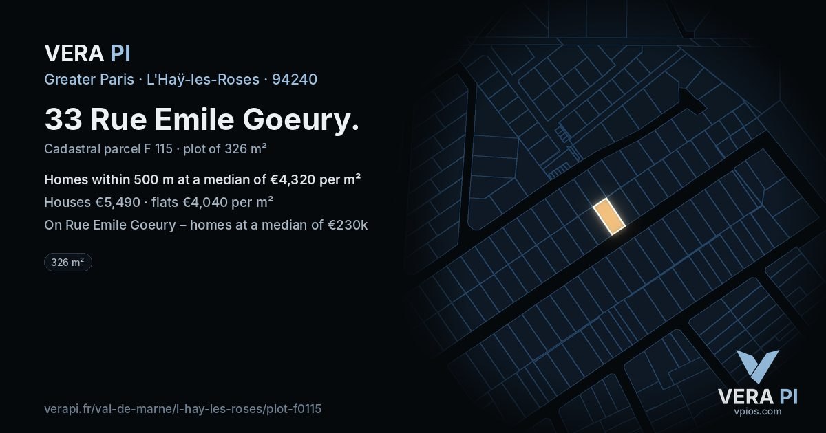 33 Rue Emile Goeury, L'Haÿ-les-Roses at night – the plot lit, the parcels around coloured by the prices near them
