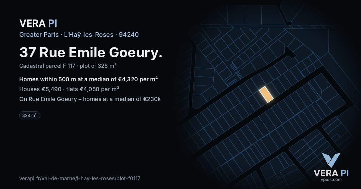 37 Rue Emile Goeury, L'Haÿ-les-Roses at night – the plot lit, the parcels around coloured by the prices near them