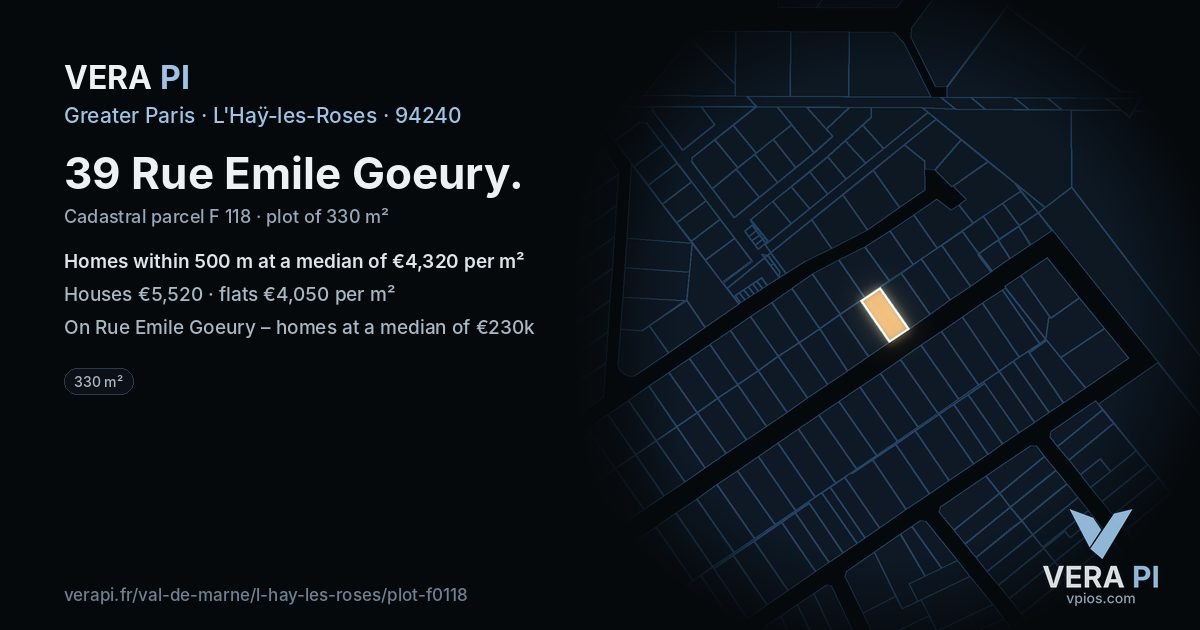 39 Rue Emile Goeury, L'Haÿ-les-Roses at night – the plot lit, the parcels around coloured by the prices near them