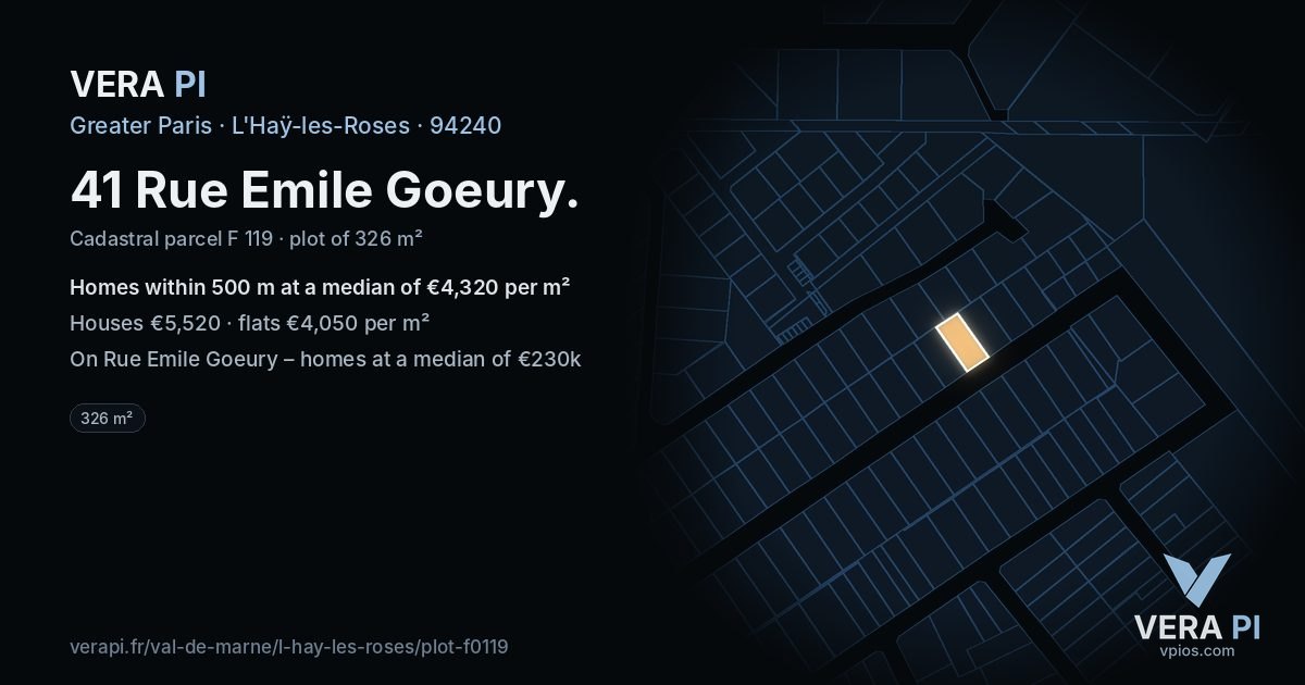 41 Rue Emile Goeury, L'Haÿ-les-Roses at night – the plot lit, the parcels around coloured by the prices near them