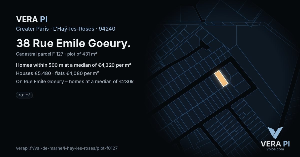 38 Rue Emile Goeury, L'Haÿ-les-Roses at night – the plot lit, the parcels around coloured by the prices near them