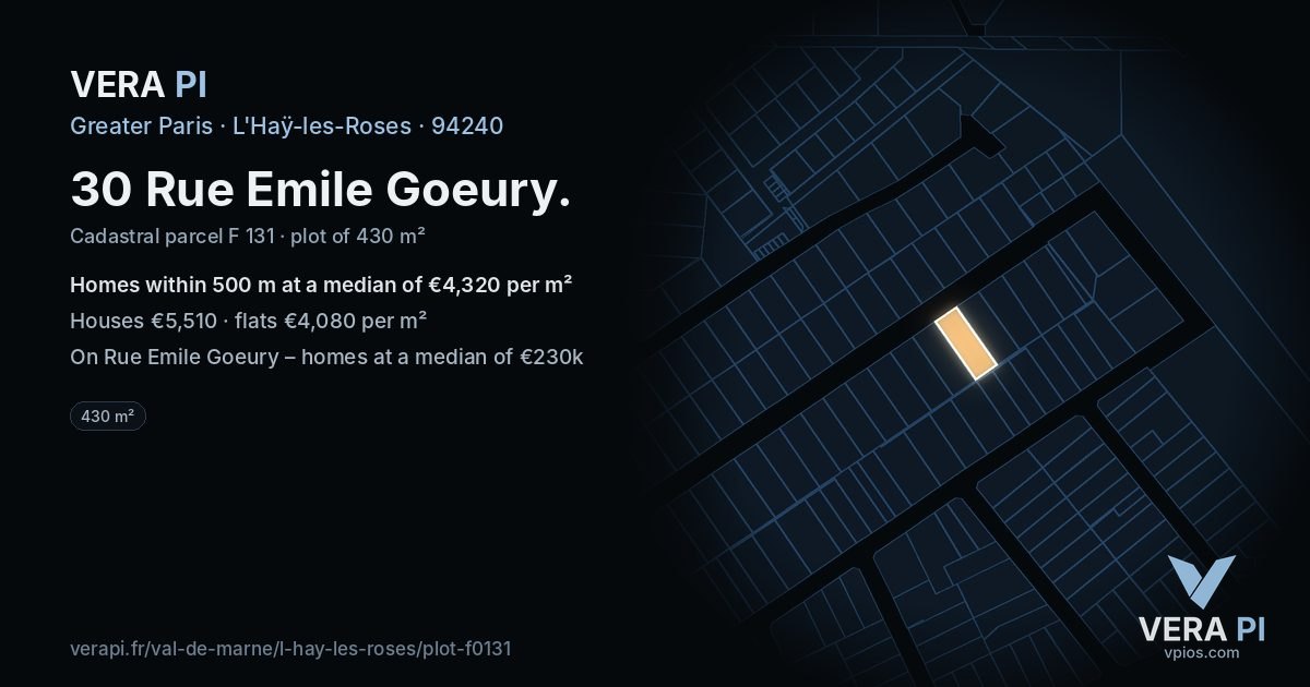 30 Rue Emile Goeury, L'Haÿ-les-Roses at night – the plot lit, the parcels around coloured by the prices near them
