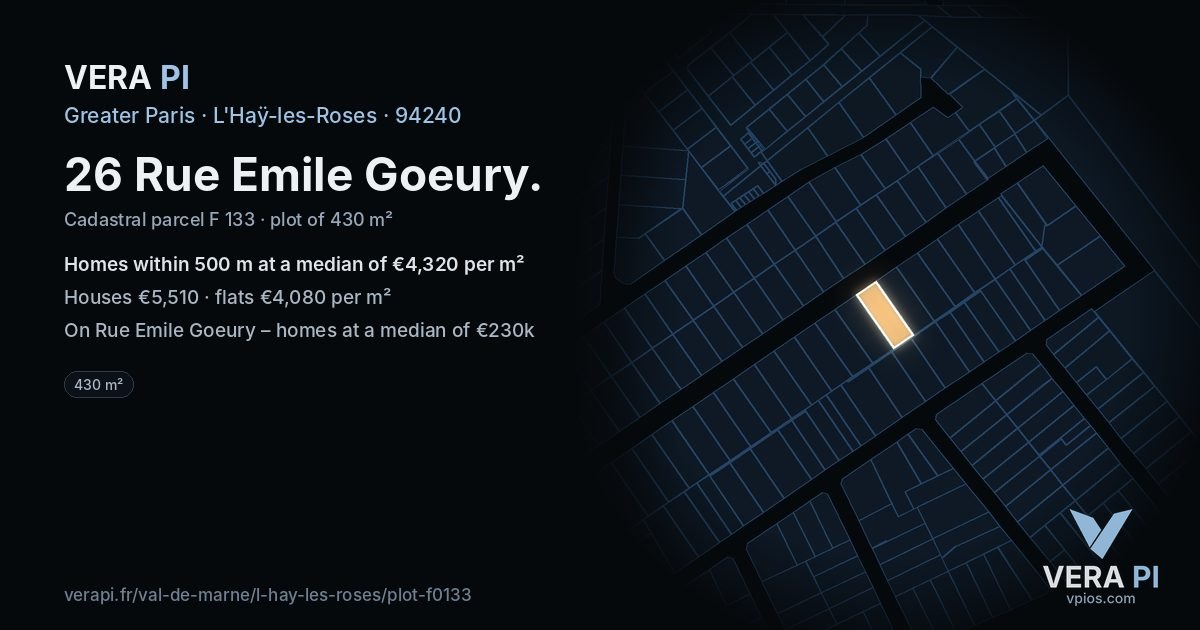 26 Rue Emile Goeury, L'Haÿ-les-Roses at night – the plot lit, the parcels around coloured by the prices near them