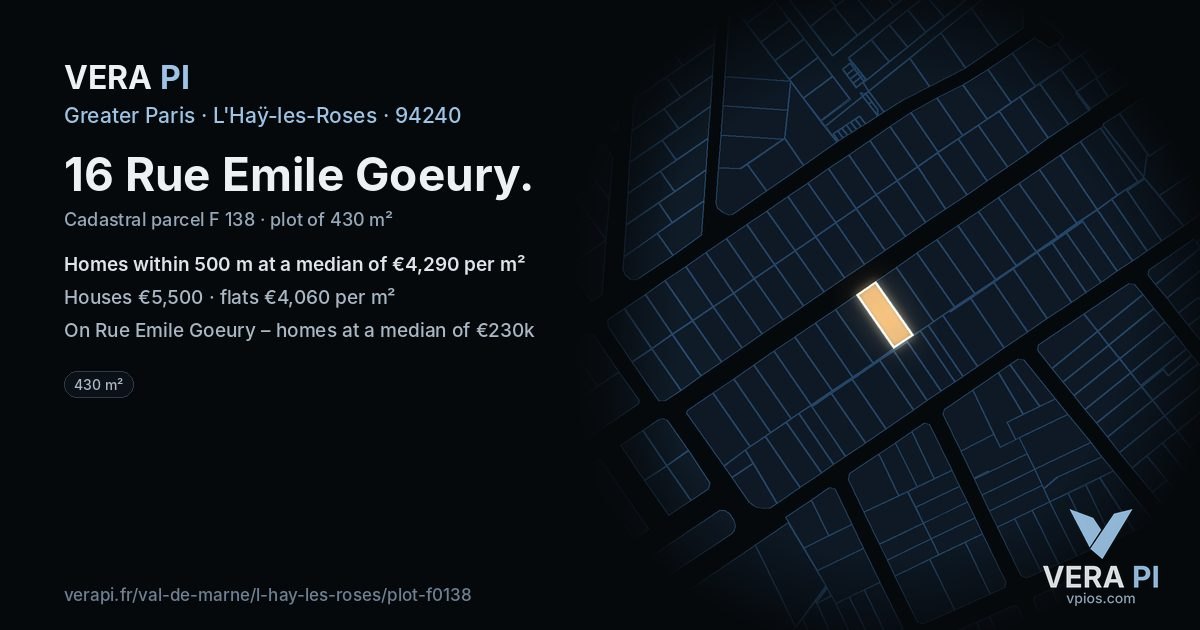 16 Rue Emile Goeury, L'Haÿ-les-Roses at night – the plot lit, the parcels around coloured by the prices near them