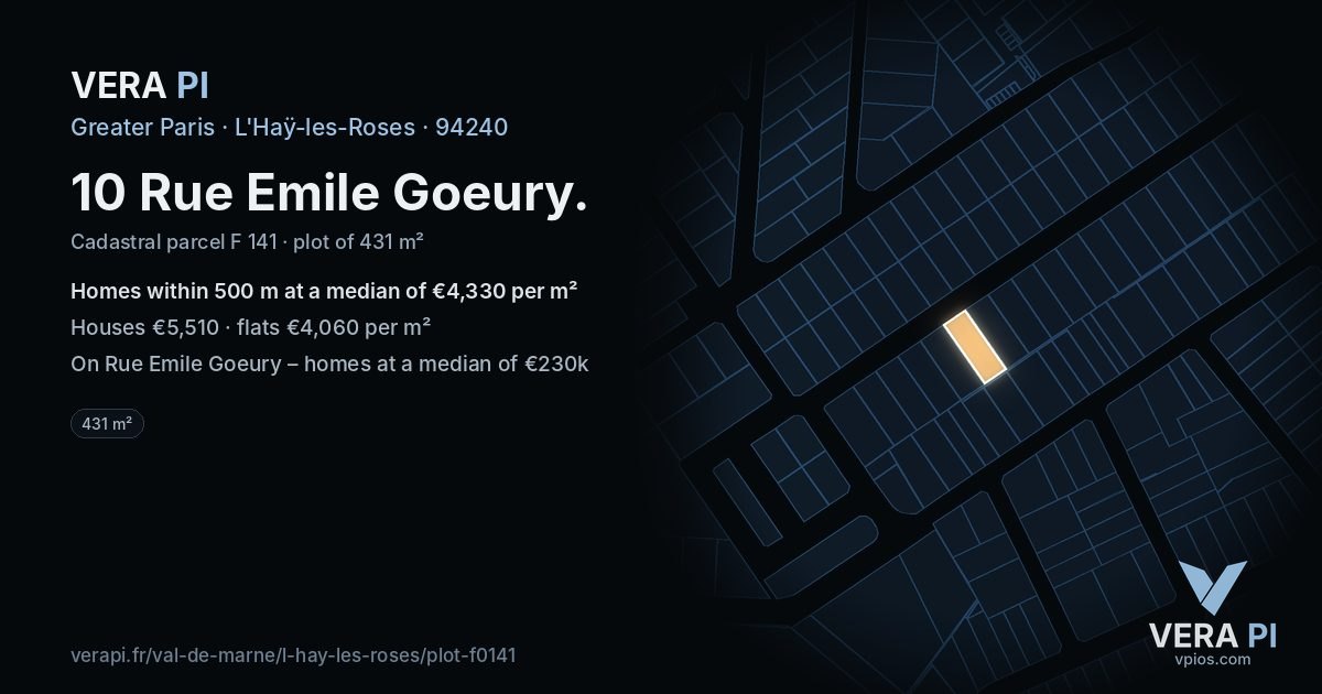 10 Rue Emile Goeury, L'Haÿ-les-Roses at night – the plot lit, the parcels around coloured by the prices near them