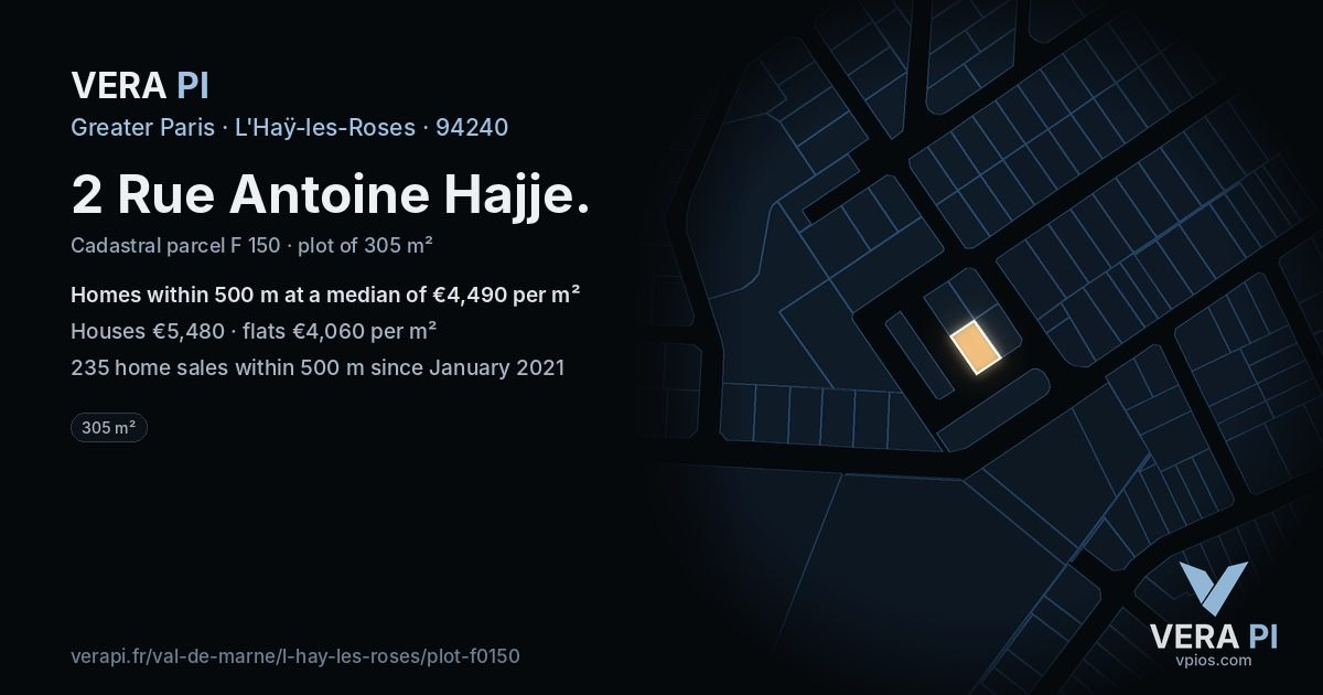 2 Rue Antoine Hajje, L'Haÿ-les-Roses at night – the plot lit, the parcels around coloured by the prices near them