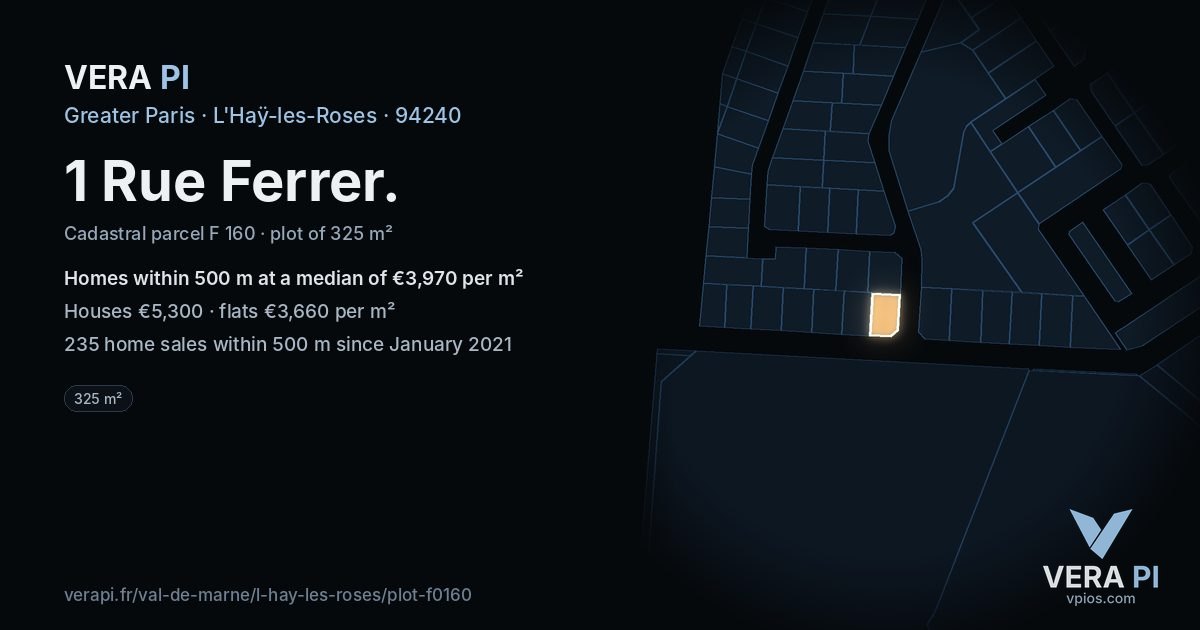 1 Rue Ferrer, L'Haÿ-les-Roses at night – the plot lit, the parcels around coloured by the prices near them