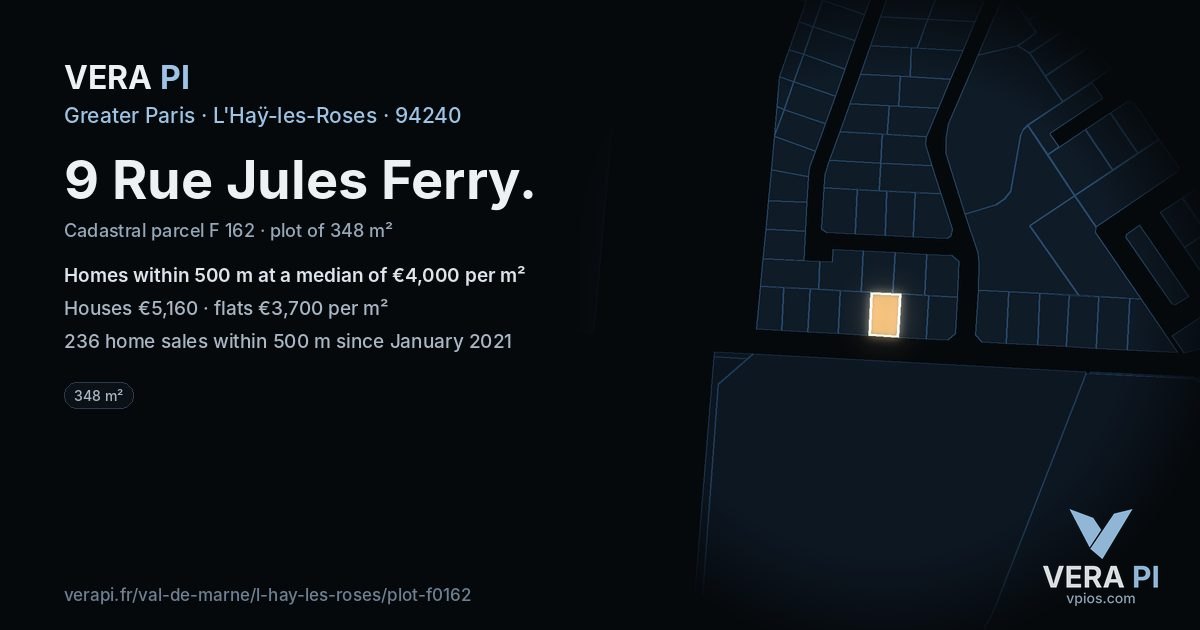 9 Rue Jules Ferry, L'Haÿ-les-Roses at night – the plot lit, the parcels around coloured by the prices near them